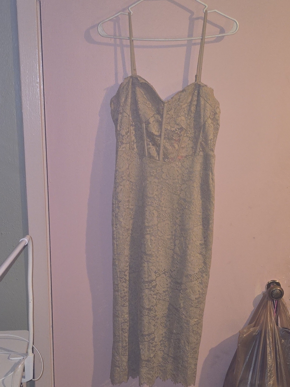 NWT Aiblee Corset Lace Lined Midi Dress Size M  Beige Slit Back